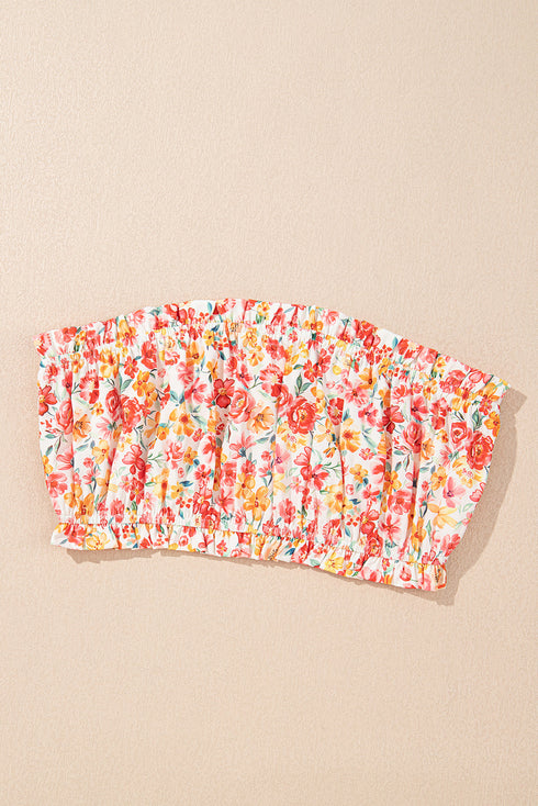 Pink Boho Floral Bandeau Top and High Waist Wide Leg Pants Set